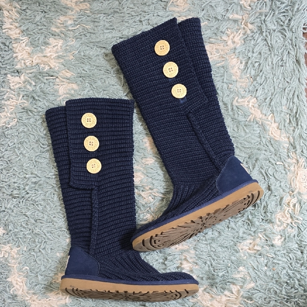 UGG Dark Blue Knit Boots with Button Accents